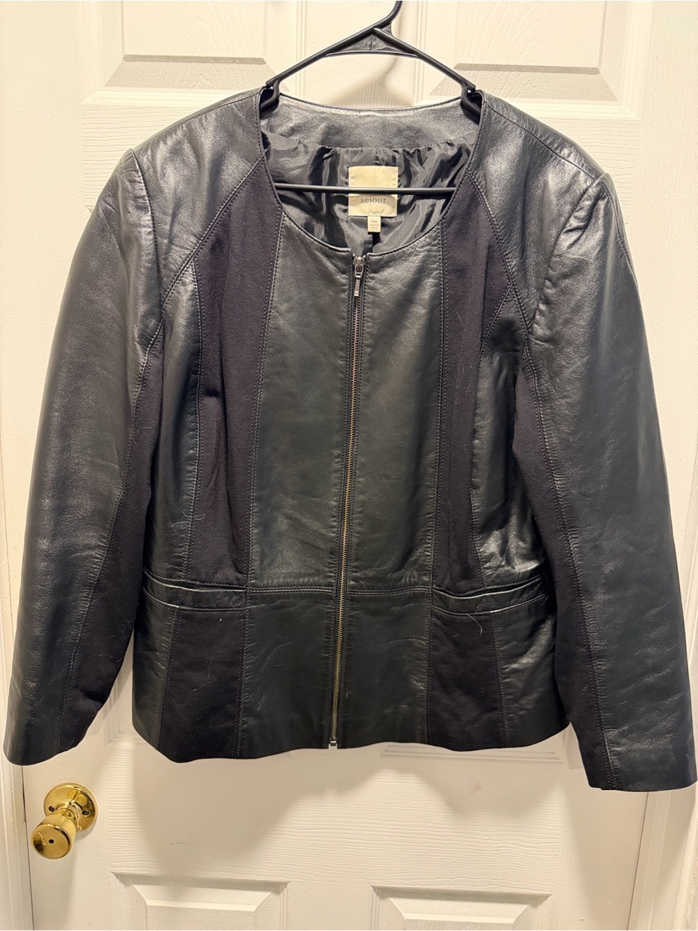 Sejour Black Leather Zip-Front Panel Jacket